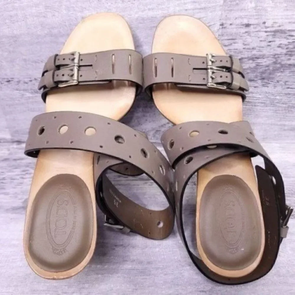Tod's Cut Out Buckle Strap Leather Heeled Sandal Gray sz 35 Women's sz 5 - Picture 6 of 7